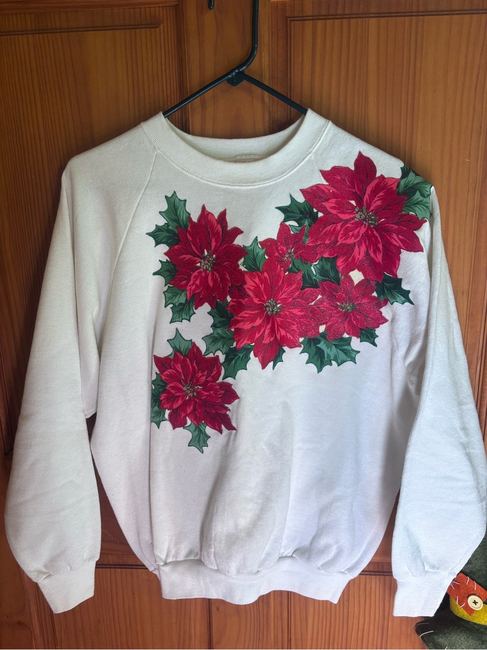 Fruit of the Loom Cream Crewneck Sweatshirt with Red Poinsettia Print